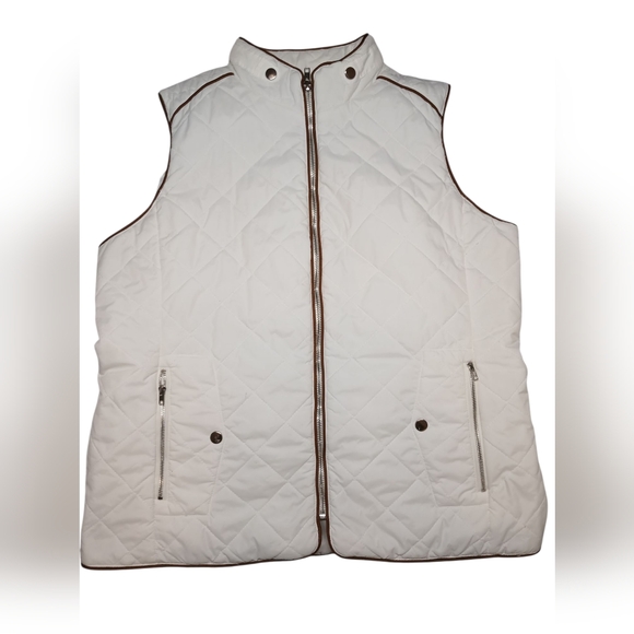 Fall Layering White Quilted Puffer Vest w/ Brown Trim – Size L - Picture 1 of 10